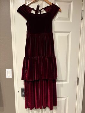 JOYFOLIE Girls Dark Red Velvet Maxi Dress Size 8 Ruffle Layered Wedding Guest